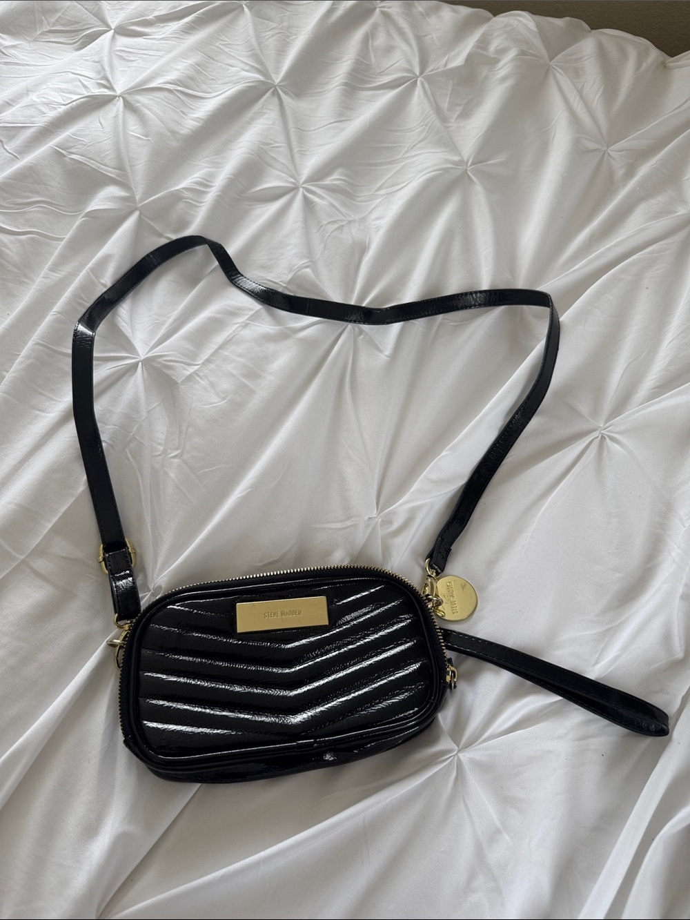 Steve Madden Black Patent Chevron Crossbody with Gold Accents